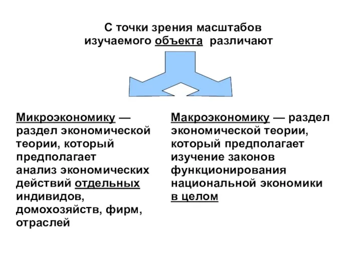 С точки зрения масштабов изучаемого объекта различают Микроэкономику — раздел экономической