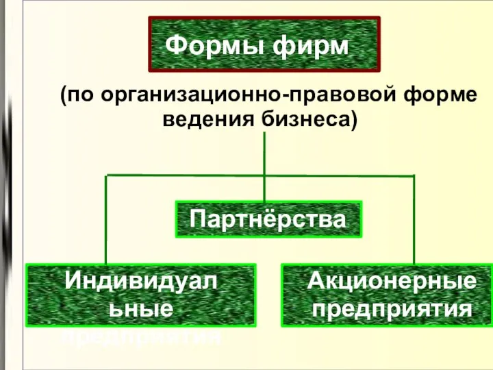 Формы фирм (по организационно-правовой форме ведения бизнеса) Индивидуальные предприятия Партнёрства Акционерные предприятия