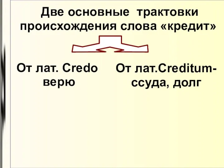 Две основные трактовки происхождения слова «кредит» От лат. Credо верю От лат.Creditum- ссуда, долг