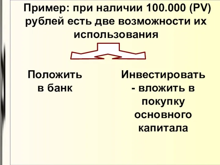 Пример: при наличии 100.000 (PV) рублей есть две возможности их использования