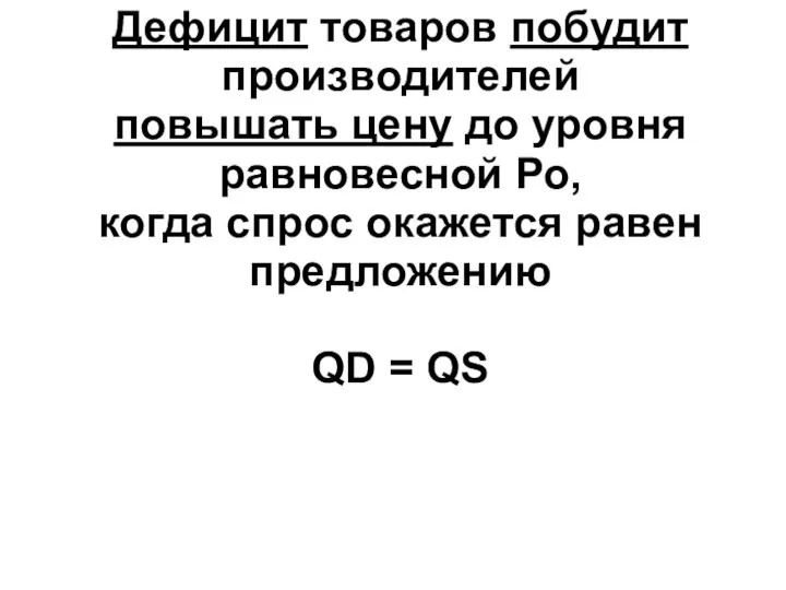 Дефицит товаров побудит производителей повышать цену до уровня равновесной Ро, когда