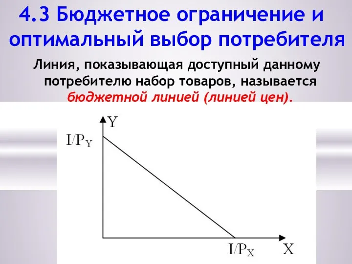 4.3 Бюджетное ограничение и оптимальный выбор потребителя Линия, показывающая доступный данному