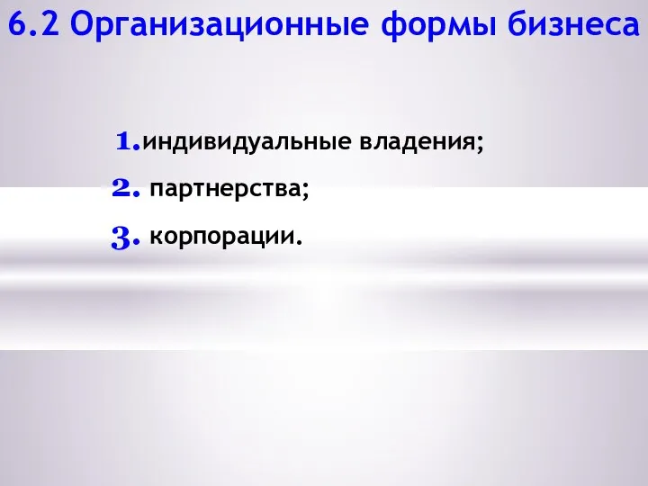 6.2 Организационные формы бизнеса индивидуальные владения; партнерства; корпорации.