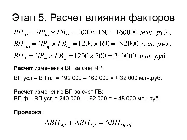 Этап 5. Расчет влияния факторов Расчет изменения ВП за счет ЧР: