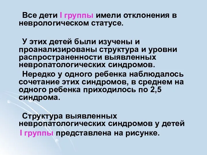 Все дети I группы имели отклонения в неврологическом статусе. У этих