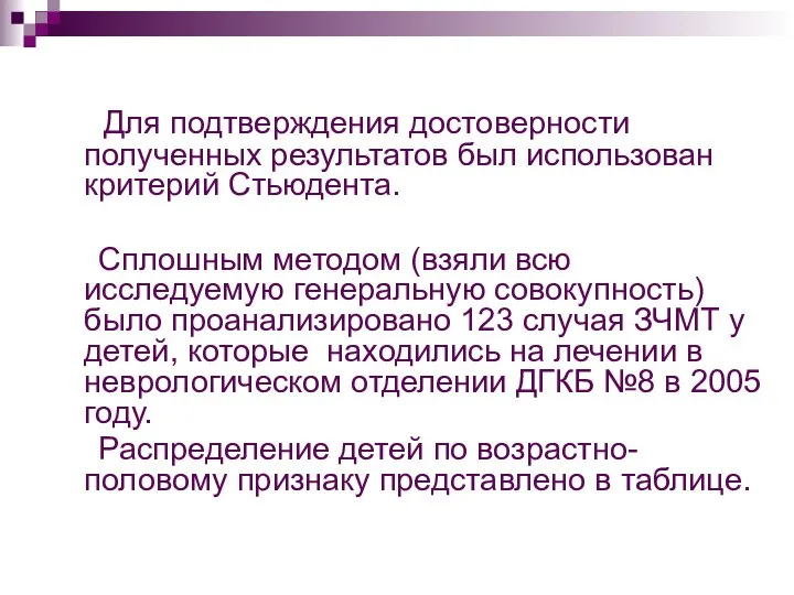 Для подтверждения достоверности полученных результатов был использован критерий Стьюдента. Сплошным методом