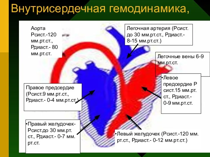 Внутрисердечная гемодинамика, Легочные вены 6-9 мм.рт.ст. Левое предсердие Р сист.15 мм.рт.ст.,