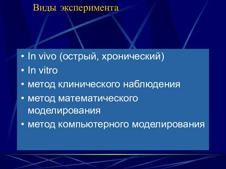 Виды эксперимента In vivo (острый, хронический) In vitro метод клинического наблюдения