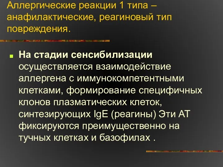 Аллергические реакции 1 типа – анафилактические, реагиновый тип повреждения. На стадии