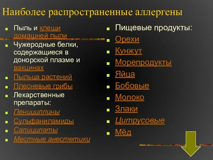 Наиболее распространенные аллергены Пыль и клещи домашней пыли Чужеродные белки, содержащиеся