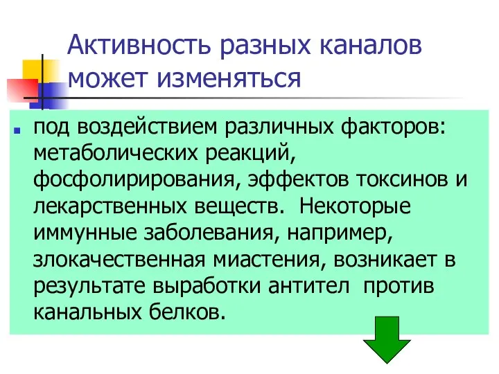 Активность разных каналов может изменяться под воздействием различных факторов: метаболических реакций,