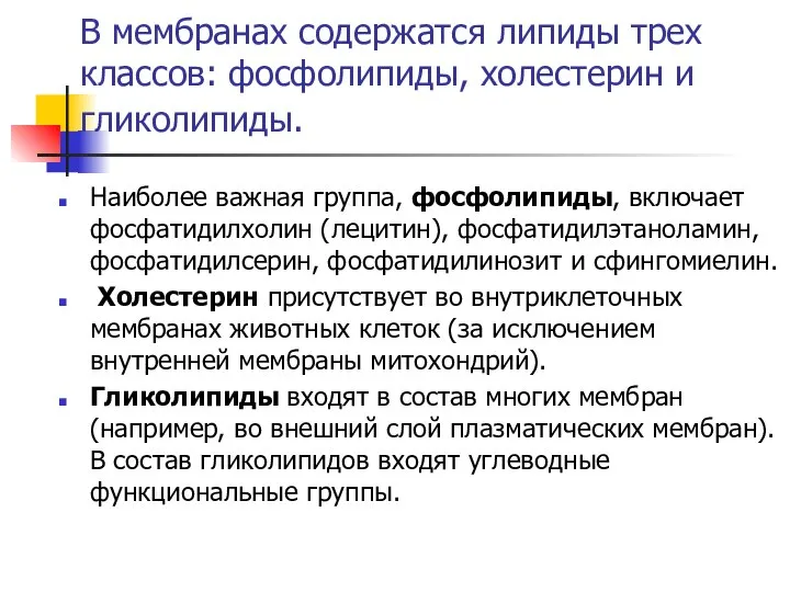 В мембранах содержатся липиды трех классов: фосфолипиды, холестерин и гликолипиды. Наиболее