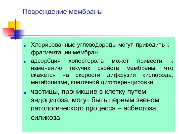 Повреждение мембраны Хлорированные углеводороды могут приводить к фрагментации мембран адсорбция холестерола