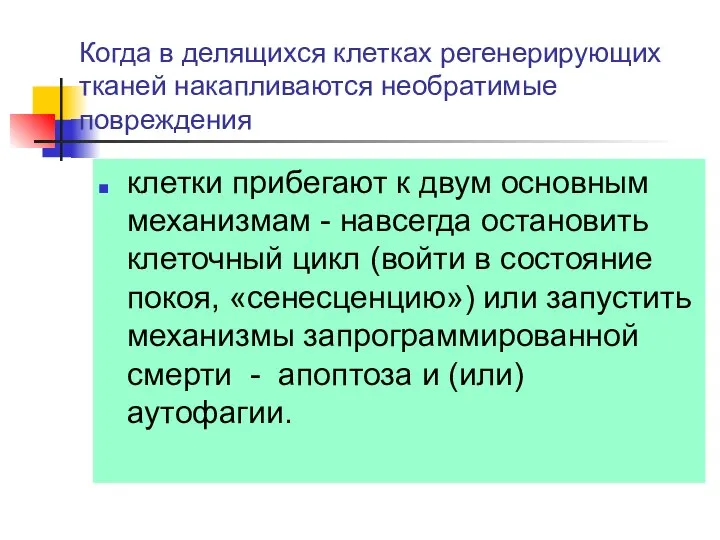 Когда в делящихся клетках регенерирующих тканей накапливаются необратимые повреждения клетки прибегают