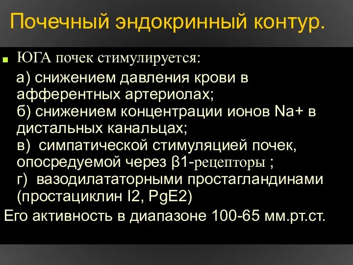 Почечный эндокринный контур. ЮГА почек стимулируется: а) снижением давления крови в