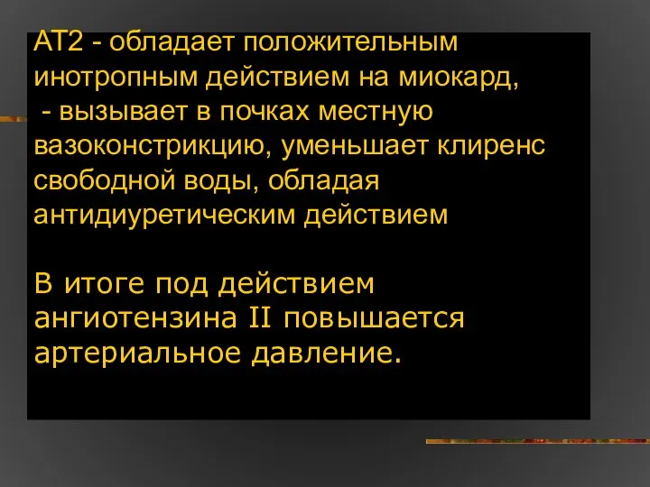 АТ2 - обладает положительным инотропным действием на миокард, - вызывает в