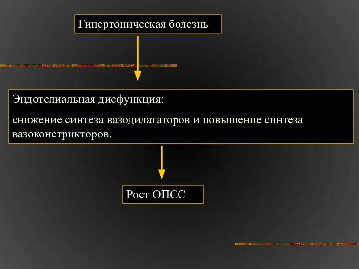 Гипертоническая болезнь Эндотелиальная дисфункция: снижение синтеза вазодилататоров и повышение синтеза вазоконстрикторов. Рост ОПСС