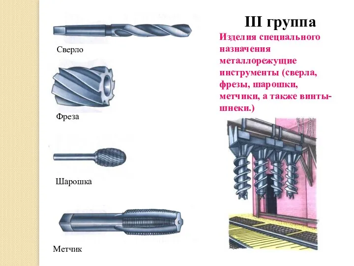 III группа Изделия специального назначения металлорежущие инструменты (сверла, фрезы, шарошки, метчики,