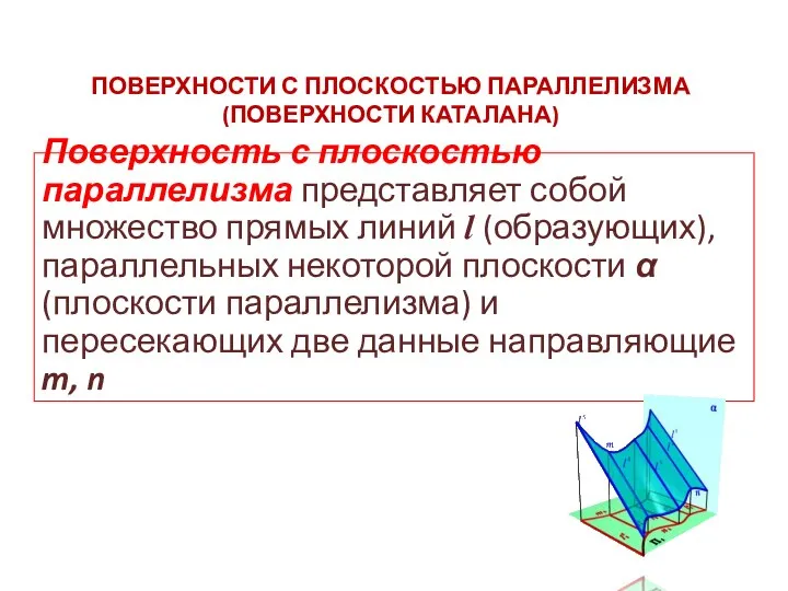 ПОВЕРХНОСТИ С ПЛОСКОСТЬЮ ПАРАЛЛЕЛИЗМА (ПОВЕРХНОСТИ КАТАЛАНА) Поверхность с плоскостью параллелизма представляет