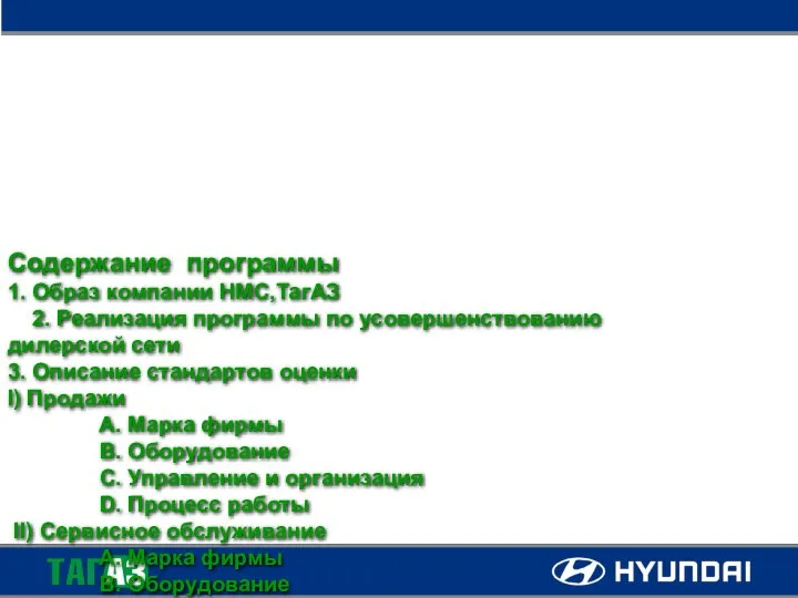 Содержание программы 1. Образ компании НМС,ТагАЗ 2. Реализация программы по усовершенствованию