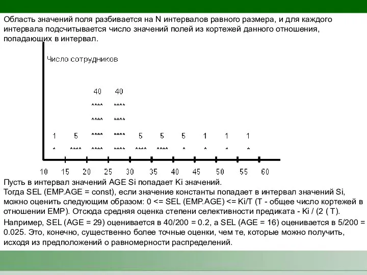 Область значений поля разбивается на N интервалов равного размера, и для