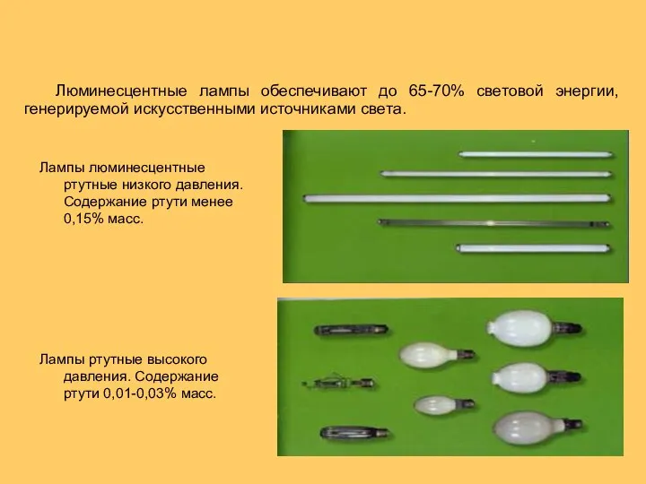 Лампы люминесцентные ртутные низкого давления. Содержание ртути менее 0,15% масс. Лампы