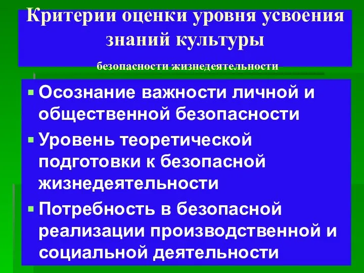 Критерии оценки уровня усвоения знаний культуры безопасности жизнедеятельности Осознание важности личной