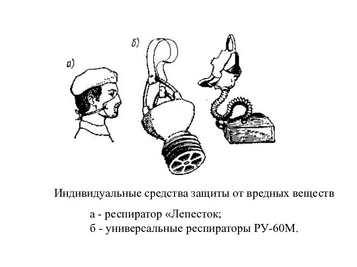 Индивидуальные средства защиты от вредных веществ а - респиратор «Лепесток; б - универсальные респираторы РУ-60М.