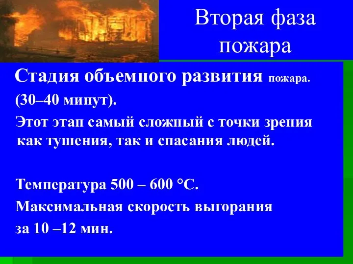 Вторая фаза пожара Стадия объемного развития пожара. (30–40 минут). Этот этап