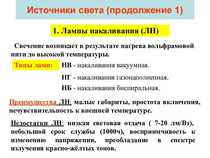 Источники света (продолжение 1) 1. Лампы накаливания (ЛН) Свечение возникает в