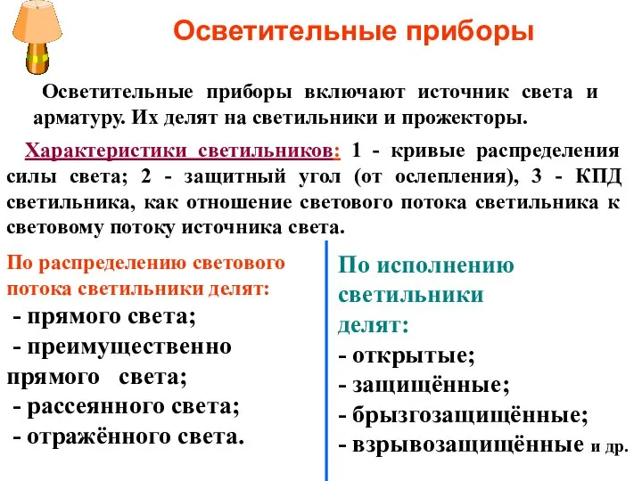 Осветительные приборы Осветительные приборы включают источник света и арматуру. Их делят