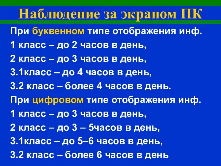 Наблюдение за экраном ПК При буквенном типе отображения инф. 1 класс