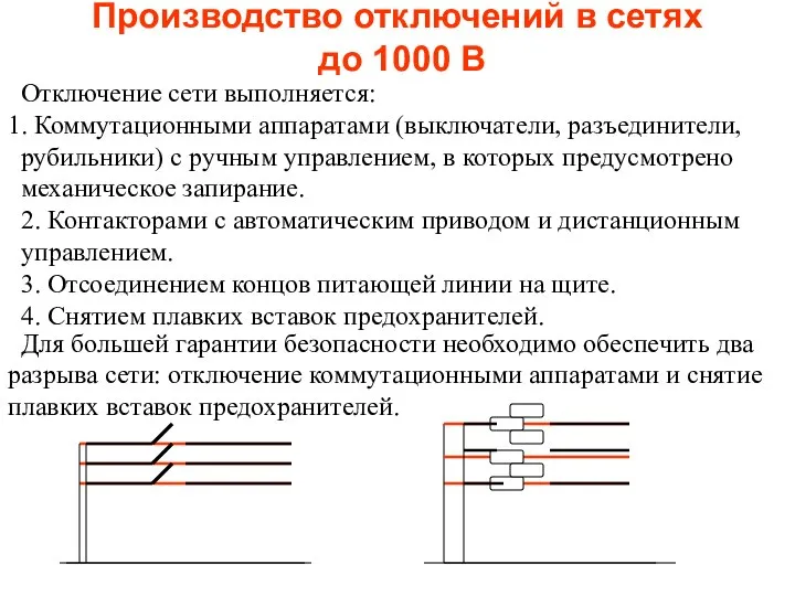 Производство отключений в сетях до 1000 В Отключение сети выполняется: 1.