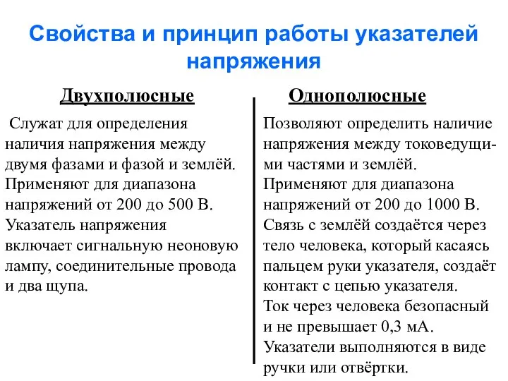 Свойства и принцип работы указателей напряжения Двухполюсные Однополюсные Служат для определения