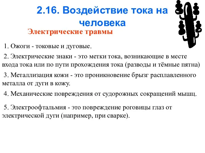 2.16. Воздействие тока на человека Электрические травмы 1. Ожоги - токовые