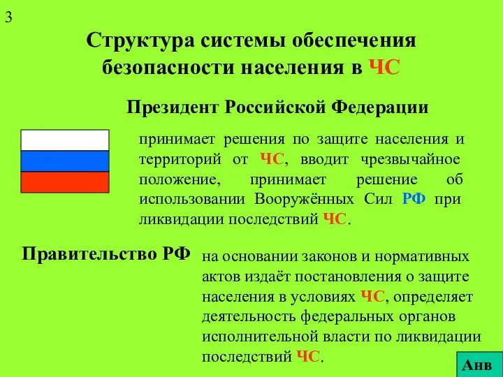 Структура системы обеспечения безопасности населения в ЧС Президент Российской Федерации принимает