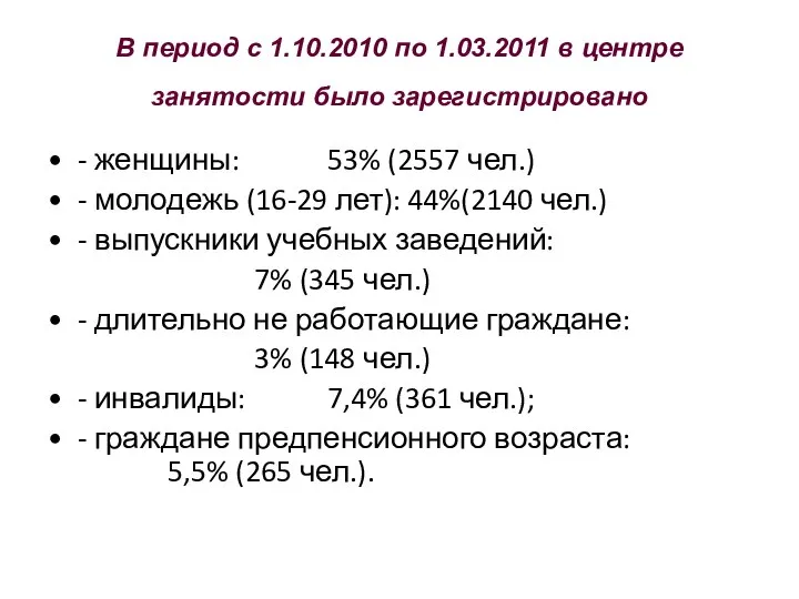 В период с 1.10.2010 по 1.03.2011 в центре занятости было зарегистрировано