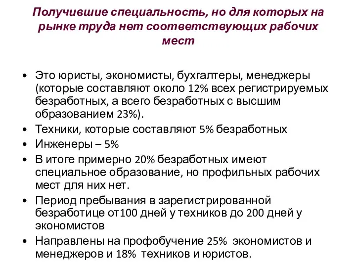 Получившие специальность, но для которых на рынке труда нет соответствующих рабочих