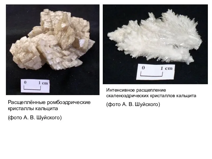 Расщеплённые ромбоэдрические кристаллы кальцита (фото А. В. Шуйского) Интенсивное расщепление скаленоэдрических