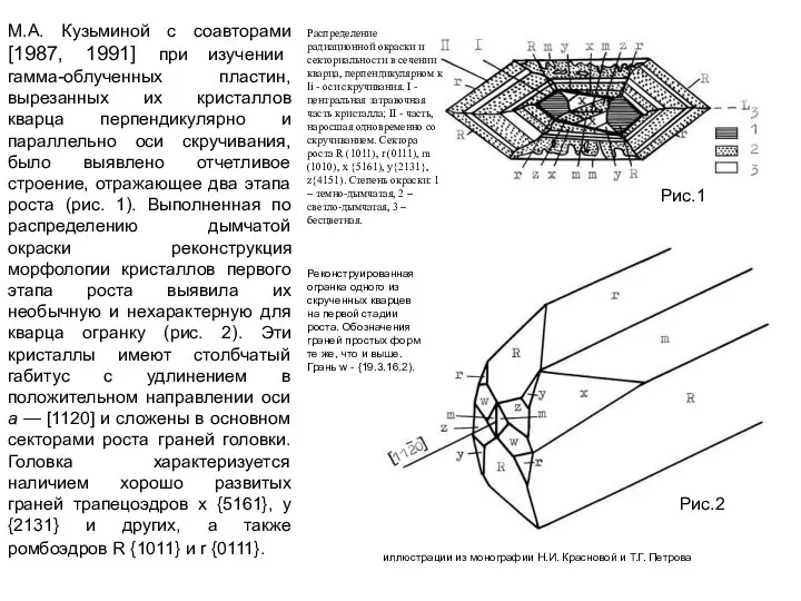 Распределение радиационной окраски и секториальности в сечении кварца, перпендикулярном к li