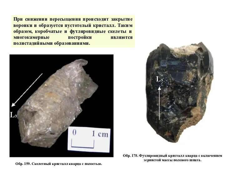 Обр. 159. Скелетный кристалл кварца с полостью. Обр. 178. Футляровидный кристалл