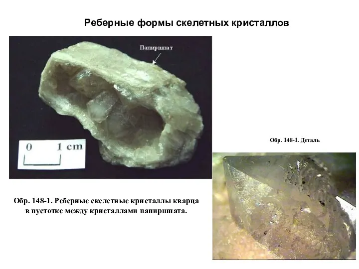 Обр. 148-1. Реберные скелетные кристаллы кварца в пустотке между кристаллами папиршпата.