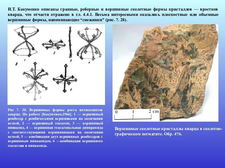 И.Т. Бакуменко описаны гранные, реберные и вершинные скелетные формы кристаллов —