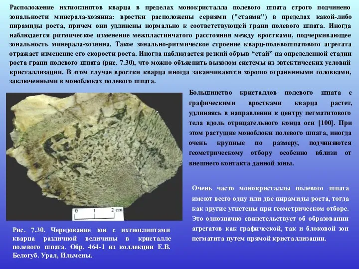 Расположение ихтиоглиптов кварца в пределах монокристалла полевого шпата строго подчинено зональности