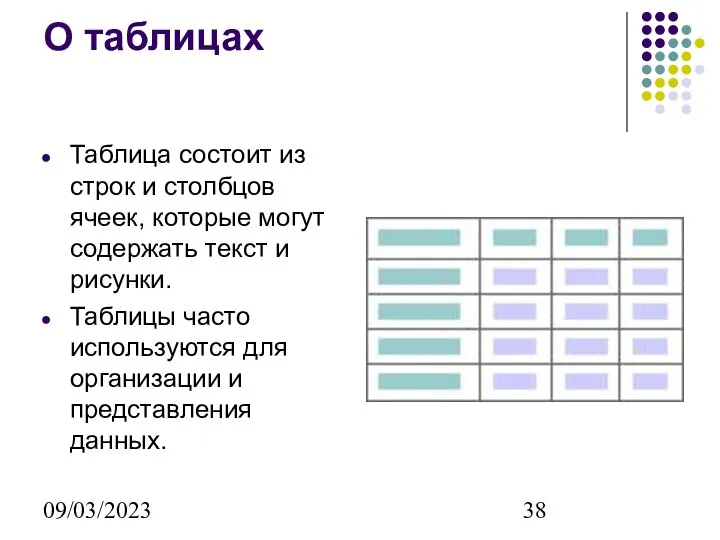 09/03/2023 О таблицах Таблица состоит из строк и столбцов ячеек, которые