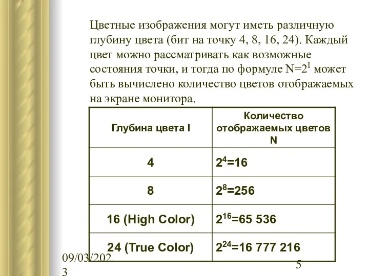 09/03/2023 Цветные изображения могут иметь различную глубину цвета (бит на точку
