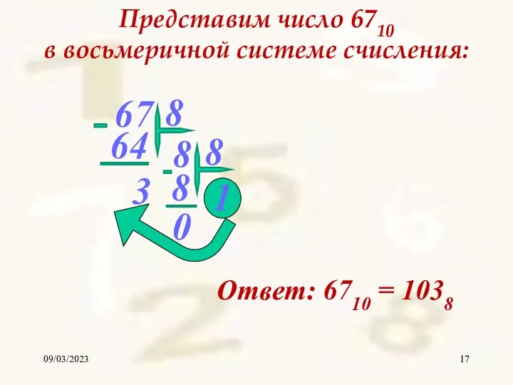 09/03/2023 67 Представим число 6710 в восьмеричной системе счисления: 8 3 1 Ответ: 6710 = 1038