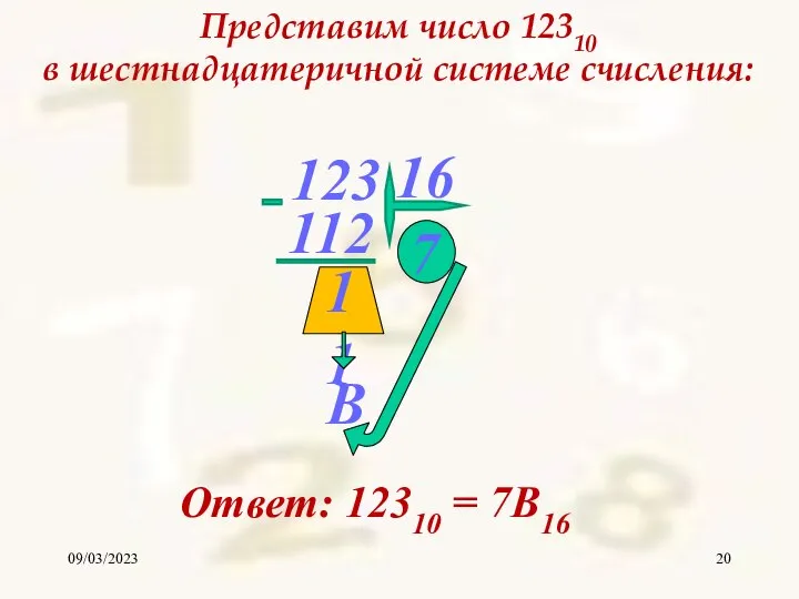 09/03/2023 Представим число 12310 в шестнадцатеричной системе счисления: 7 11 В Ответ: 12310 = 7В16