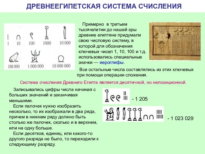 ДРЕВНЕЕГИПЕТСКАЯ СИСТЕМА СЧИСЛЕНИЯ Примерно в третьем тысячелетии до нашей эры древние