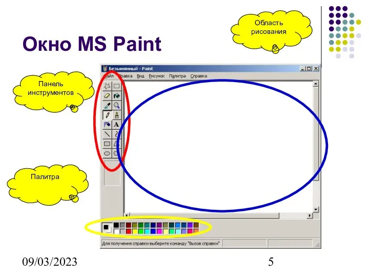 09/03/2023 Окно MS Paint Панель инструментов Палитра Область рисования